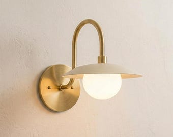 Mid Century Modern Brass Sconce, Frosted Glass Globe Light, Curved Arm Lamp