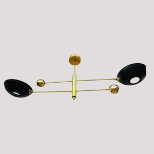 Modern Brass Pendant Chandelier – Mid Century Modern Ceiling Light Fixture – Adjustable 2 Arm Light – Minimalist Black and Gold Lighting