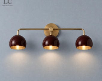 Triple Burgundy Wall Lamp, 3 Shades Vanity Light, Minimalist Bathroom Brass Fixture