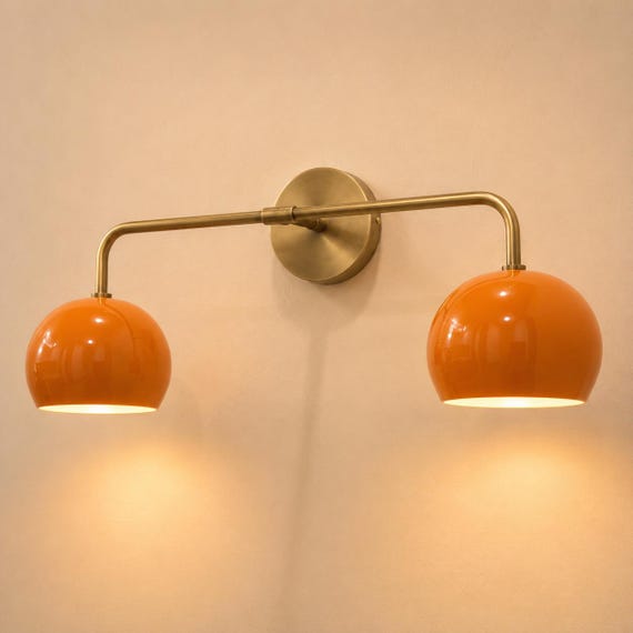Orange Double Wall Sconce, Brass Vanity Light : Retro Orange Dome Lighting