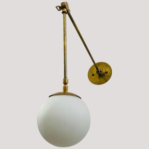 1950s Mid Century Modern Brass Globe Wall Sconce – Vintage Sculptural Glass Light Fixture – Cone Shade Wall Lamp for Bedroom, Hallway