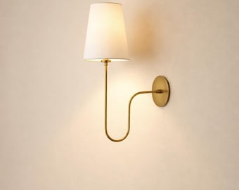 Handmade Mid-Century Modern Brass Wall Light with Linen Shade : Bedroom Side Wall Sconce