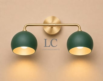 Emerald Green Double Wall Sconce, Brass Vanity Light : Mid Century Stylish Bathroom Wall Lamp