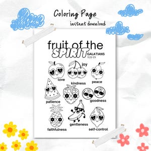 Página para colorear del Fruto del Espíritu – Imprimible cristiano para niños, actividad con versículos bíblicos, Gálatas 5:22-23, descarga instantánea