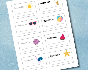 Summer Activity Coupons, Printable Kids Reward Tickets (PDF Download)