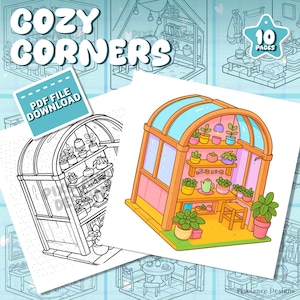 May include: A digital download featuring a colorful illustration of a greenhouse filled with potted plants. The image includes the text "COZY CORNERS" and "PDF FILE DOWNLOAD". A 10-page coloring book is also shown.