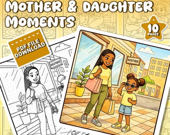 Dibujos para colorear de madre e hija para imprimir / Momentos familiares acogedores para niñas negras / PDF de 10 páginas