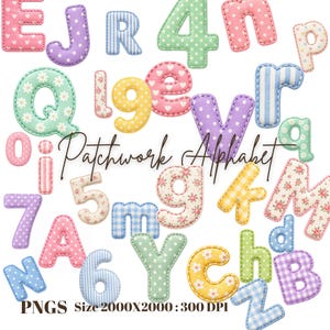 May include: A collection of patchwork-style letters and numbers featuring various patterns including polka dots, stripes, floral prints, and hearts in pastel colors. The text Patchwork Alphabet PNGS Size 2000X2000 : 300 DPI is visible.