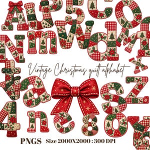 Puede incluir: Un conjunto de alfabeto digital con letras y números en un patrón de patchwork acolchado en rojo, verde y blanco, decorado con flores de pascua, árboles de Navidad y cuadros. Incluye un gran lazo rojo y el texto Vintage Christmas quilt alphabet.
