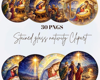 Stained Glass Nativity Clipart Bundle 30 PNG | Christmas Nativity Art | Religious Christian Clipart | Catholic Christmas PNG | Church Decor