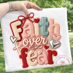 Camiseta con parche de chenilla "Fe sobre el miedo", sudadera Christian Coquette, diseño religioso de corazón con lazo.