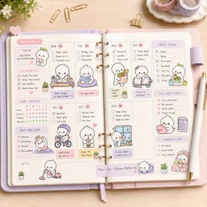 May include: A pastel-coloured weekly planner open to a two-page spread featuring daily task lists, habit trackers, and meal plans. The pages are decorated with small, white, round cartoon characters performing various activities like reading, cycling, and cleaning.