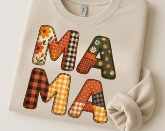 Mama Patchwork Letter Art – Quilted Fall Colors PNG