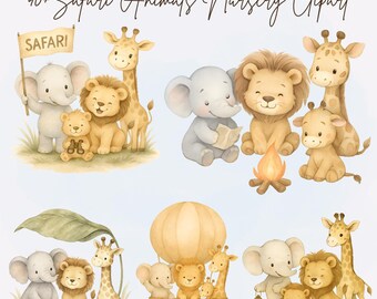 Watercolor Safari Animals Clipart: Jungle Nursery Art (PNG)