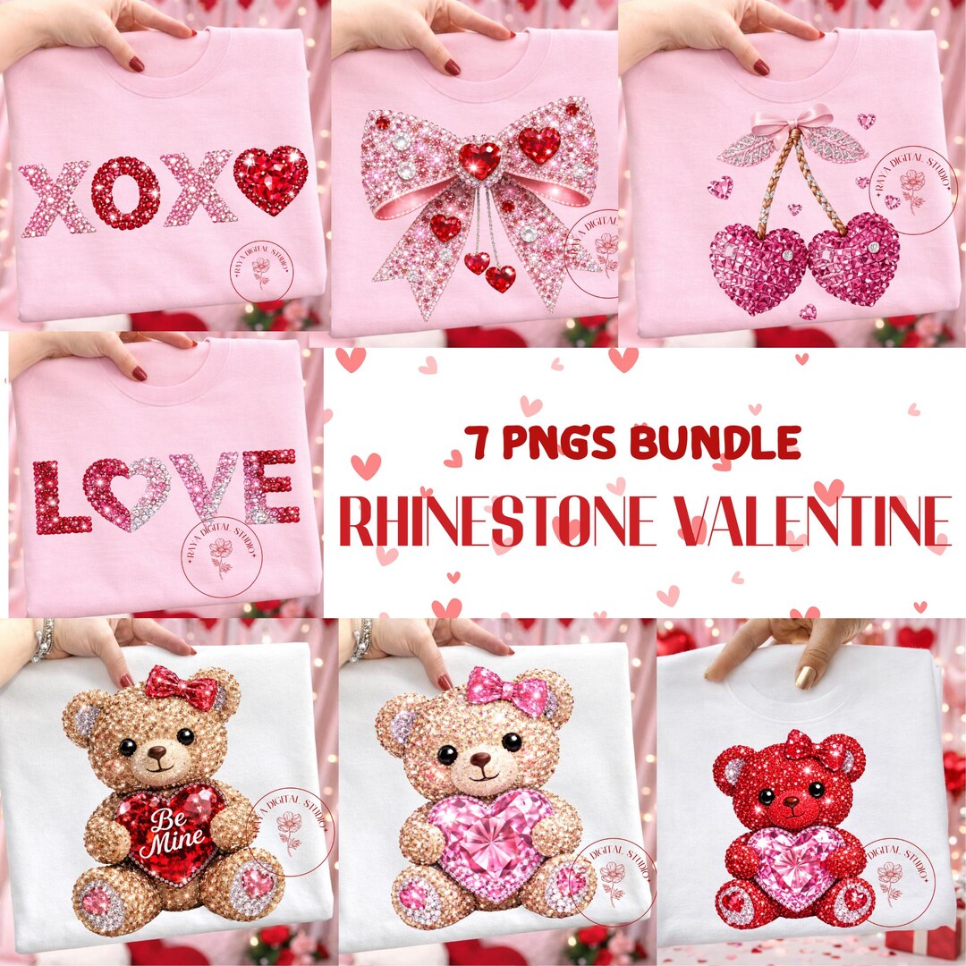 Rhinestone Valentine PNG Bundle | Glitter Heart & Teddy Bear Clipart ...