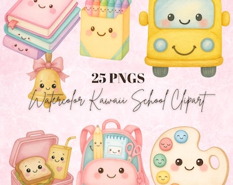 Conjunto de imágenes prediseñadas escolares kawaii en acuarela / Conjunto PNG de aula en tonos pastel