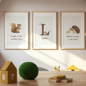 Woodland Nursery Wall Art Set of 3, Personalized Name Print, Custom Baby Room Decor, Forest Animal Kids Wall Art, Unframed Prints