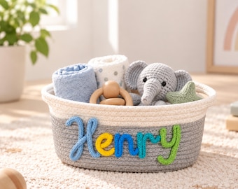 Cestino portaoggetti personalizzato per bambini, cestino organizer per giocattoli con nome personalizzato, cestino per cameretta in corda di cotone, contenitore per la stanza dei giochi, cestino regalo per baby shower