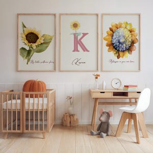 Set of 3 Sunflower Nursery Prints – Sunshine Quote Wall Art, Custom Name Initial with Bloom – Baby Girl Room Decor – Digital Download