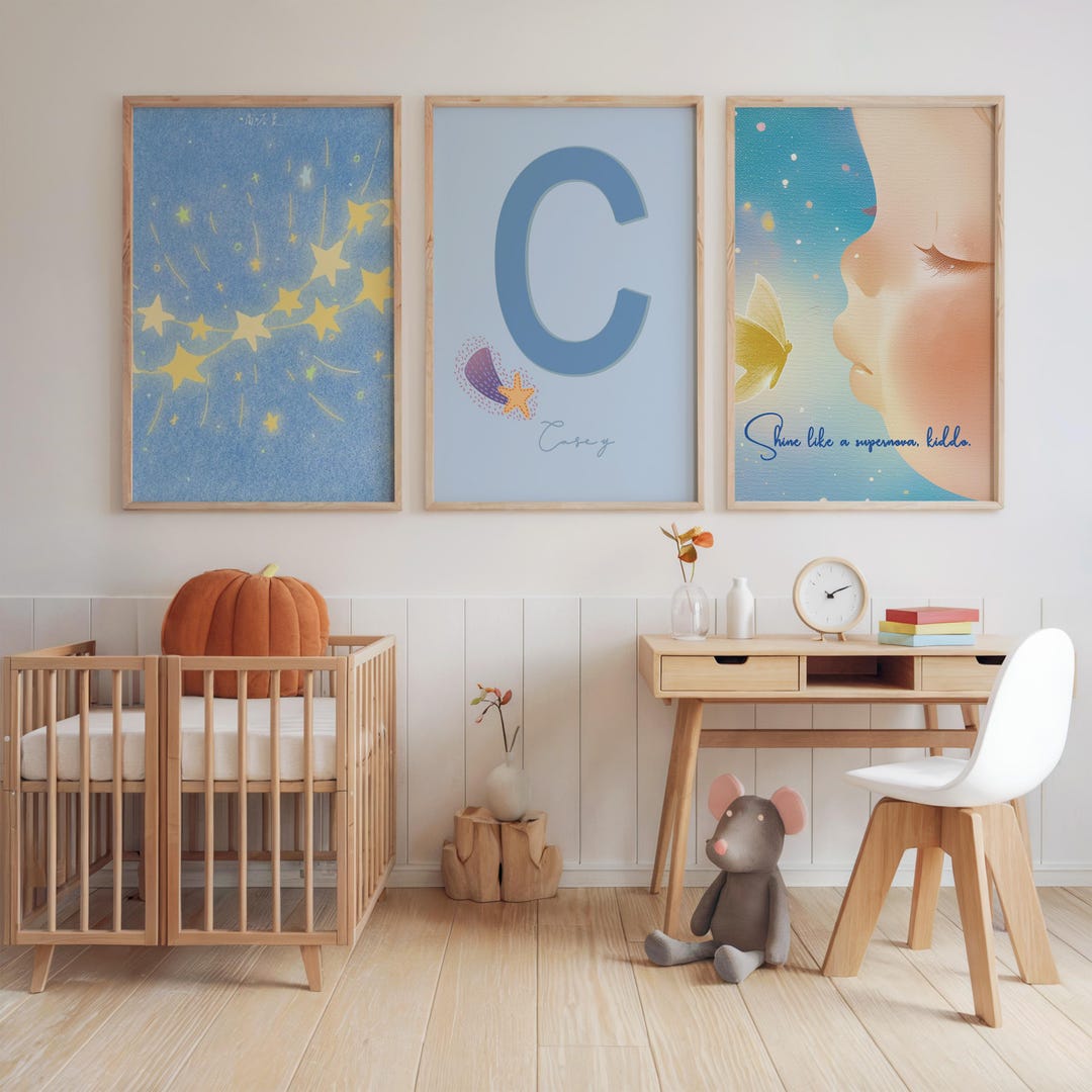 Set of 3 Shooting Star Nursery Prints – Custom Name Celestial Wall Art ...