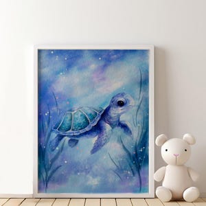 Sea Turtle Nursery Wall Art Blue Ocean Animal Baby Room Decor | Digital Download Printable | Coastal Kids Room | Watercolor Turtle Print