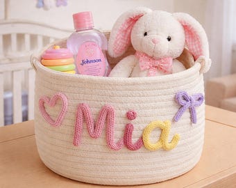 Cesta de cuerda de algodón tejida a medida con nombre, contenedor de juguetes personalizado, organizador para guardería, decoración para habitación infantil, cesta de juguetes para niños, regalo para baby shower