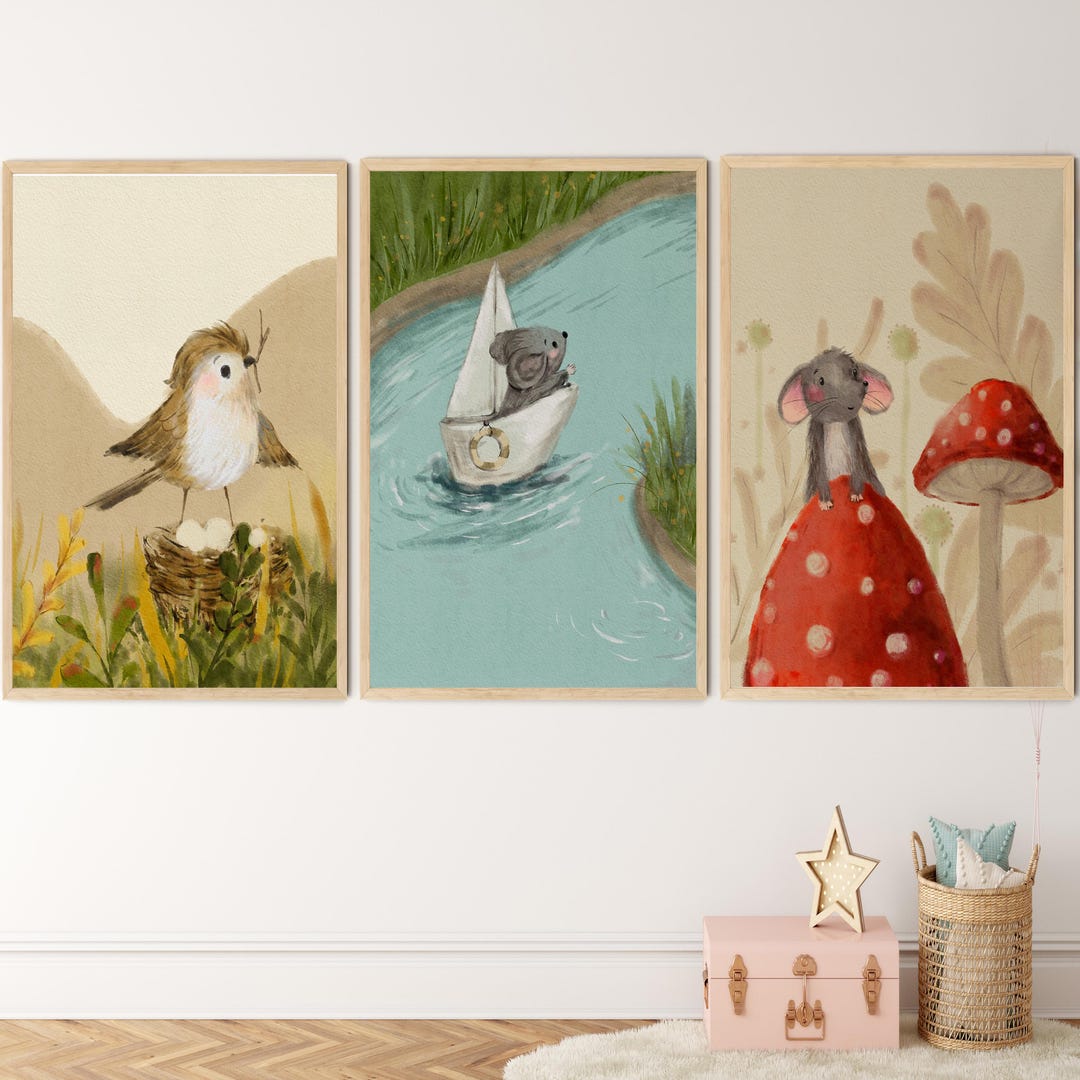 Woodland Animal Nursery Wall Art Set of 3 | Bird Nest, Sailing Mouse ...