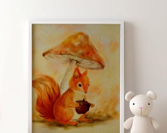 Hand Drawn Squirrel Nursery Art, Woodland Animal Wall Art, Forest Baby Room Decor, Printable Nursery Artwork