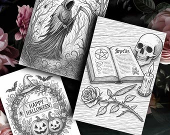 Halloween coloring pages for adults, spooky coloring book, printable Halloween coloring,
