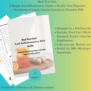 Gut Healing PDF | Anti-Inflammatory Meal Plan + Symptom Tracker | IBS, Bloating Gut Health Diet printable Food Diary | Nutrition Planner
