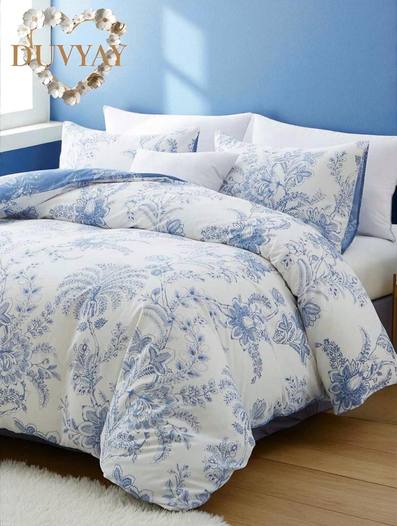 Blue white floral paisley duvet cover 3pc set bedding floral decor nordic decor scandinavian blue and white floral style  pillowcases 25