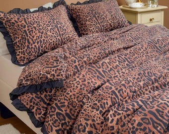 Leopard print brown duvet cover animal print bedding ruffle vintage design nordic style scandinavian decor home decor 25 3pc set black brown