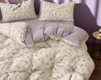 Purple white floral duvet cover ditsy floral bedding shabby chic lilac duvet cover nordic style scandinavian decor home decor 2025 3/4pc set