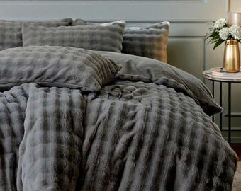 Charcoal Grey Fleece Duvet Cover Set: Boho Scandinavian Style