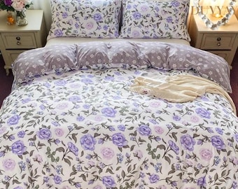Autumn Purple green Floral Duvet Cover Set: Shabby Chic Nordic Bedding