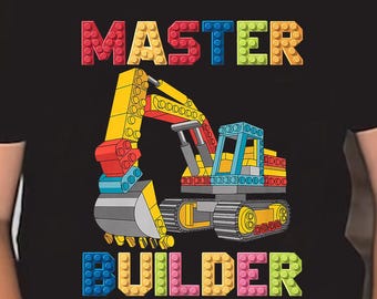 Master Builder PNG, Building Blocks Excavator PNG, Toys for Kids Men Shirt Design, Construction Birthday Digital Download