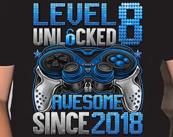 Cumpleaños desbloqueado de nivel 8 PNG, fiesta de videojugador de octavo cumpleaños. Descarga digital.