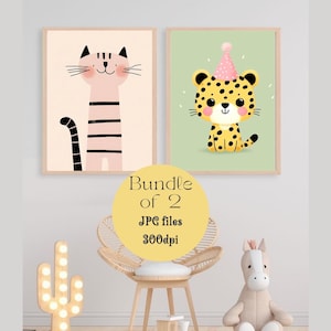 Tiger & Leopard Nursery Prints: Pastel Animal Wall Art (Digital Download)