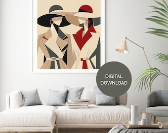 Minimalist Fashion Print: Women in Hats, Chic Silhouette Art (Digital Download)