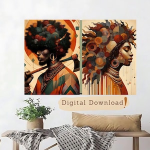 Afrocentric Portrait Art Prints: Boho Tribal Home Decor (Digital Download Bundle, 3 JPGs)