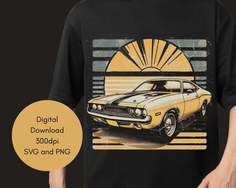 Retro Yellow Muscle Car PNG SVG: 70s Clipart for Cricut & Sublimation (Digital Download)