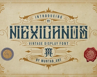 May include: Vintage display font design with the name "NEXILIANUS" in a dark blue color. The design includes decorative elements, a coin, and a red wax seal. The text "INTRODUCING" and "BY MUNTAB_ART" are also present.