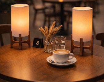 Set of 2 Table Lamps, Modern Wooden Base Lamps with Fabric Shade, Minimalist Bedside Lamps for Bedroom Living Room Decor