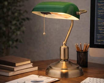 Vintage Green Banker Lamp, Retro Desk Lamp, Classic Office Table Lamp, Antique Style Reading Light, Plug In Bedside Lamp Decor