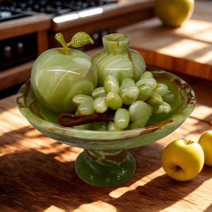 Könnte beinhalten: Eine grüne Onyx-Obstschale mit Sockel, gefüllt mit geschnitzten Onyx-Trauben, einem Apfel und einem Granatapfel. Zwei gelbe Äpfel stehen daneben. Die Schale hat einen dekorativen Rand und steht auf einer Holzoberfläche.