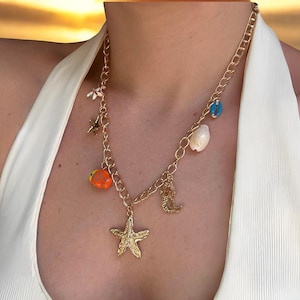 Colorful Ocean Charm Necklace – Starfish, Mermaid & Fish Pendant Statement Necklace
