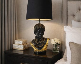 Sculptural Bust Table Lamp with Black Shade, African Statue Lamp, Artistic Tribal Decor Lighting, Luxury Statement Home Decor