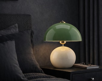 Green Mushroom Table Lamp, Mid Century Modern Desk Lamp, Sage Green Dome Shade, Cream Glass Base, Retro Bedside Night Lamp