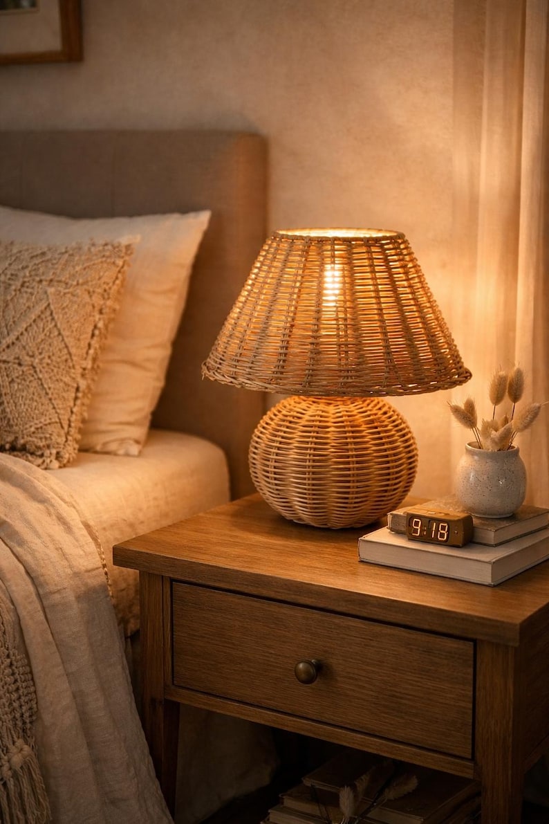 Natural rattan bedside table lamp featuring a woven wicker base and matching rattan lampshade that softly diffuses warm light. Placed on a wooden nightstand beside a bed, this lamp creates a cozy and calming bedroom atmosphere. The handcrafted wicker design adds texture and natural charm to interiors. Perfect for boho, farmhouse, coastal, or Scandinavian decor styles and ideal as a bedside or accent lighting piece.