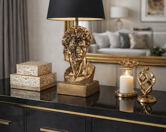 David Bust Table Lamp with Black Shade, Gold Sculpture Lamp, Luxury Art Statue Lighting, Modern Classic Statement Home Decor